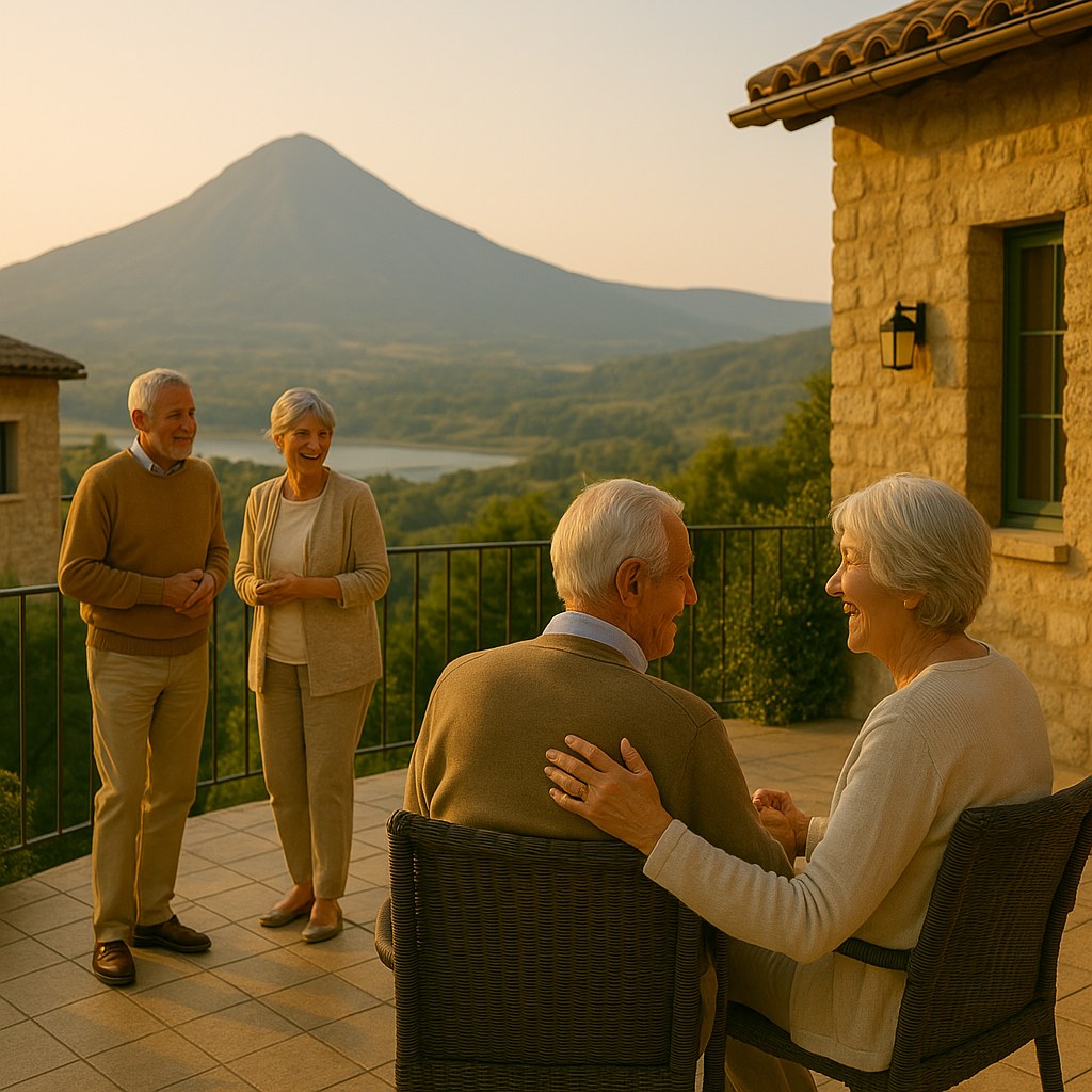 Residents laughing together on a warm Andalusian terrace