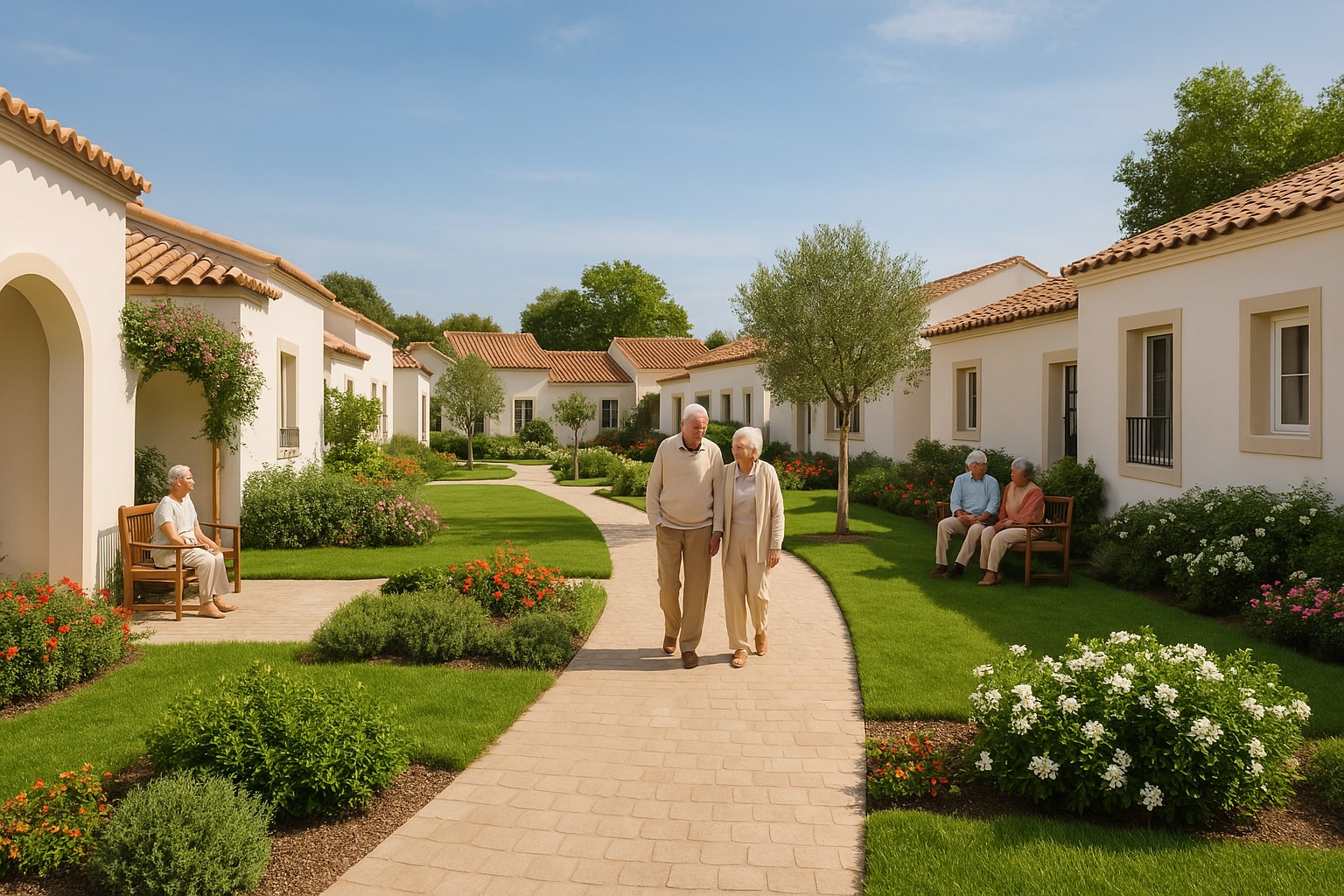 Residents walking together through a sunny Cocoon village garden