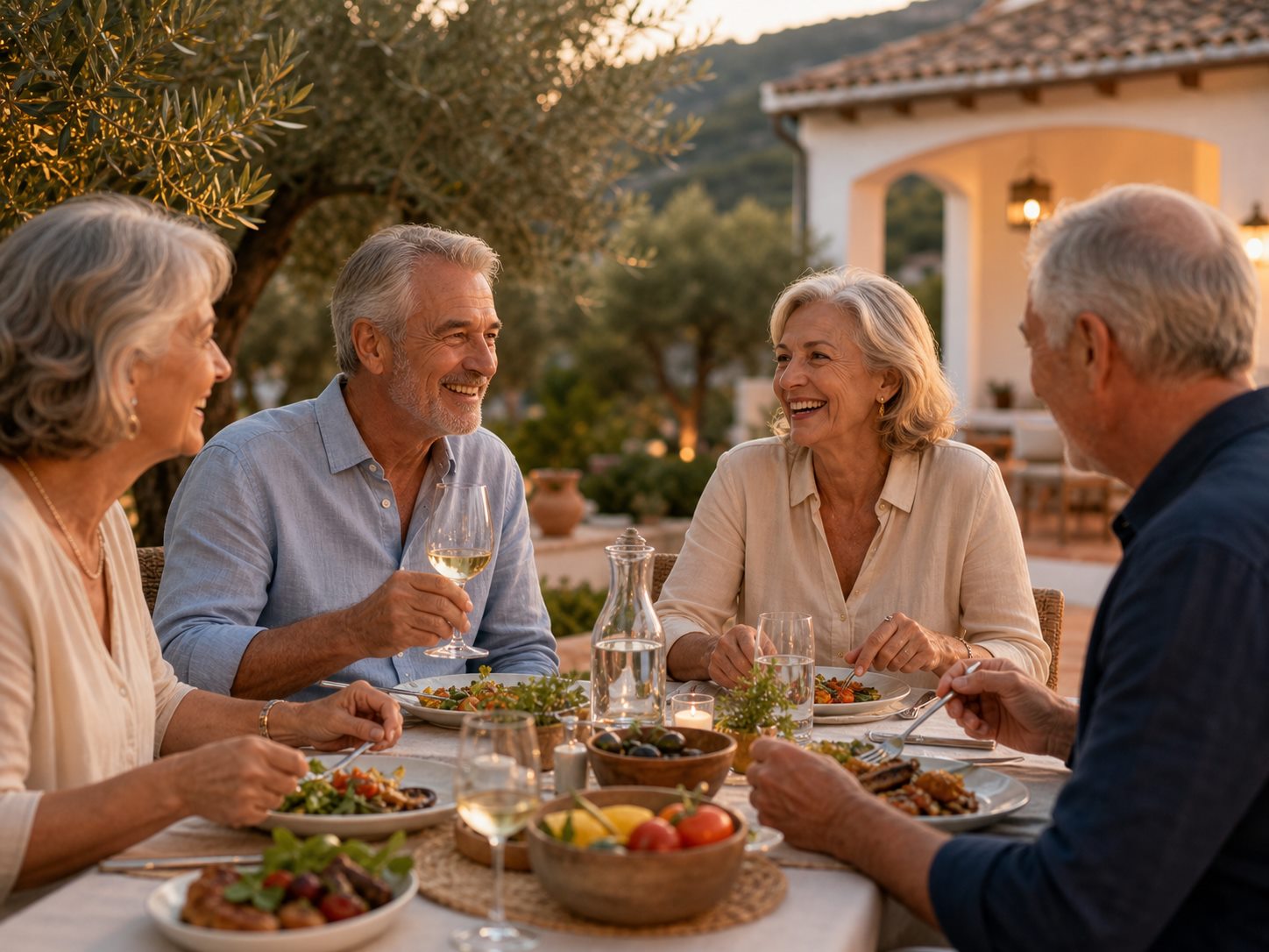 Older adults sharing dinner outdoors in a Mediterranean courtyard