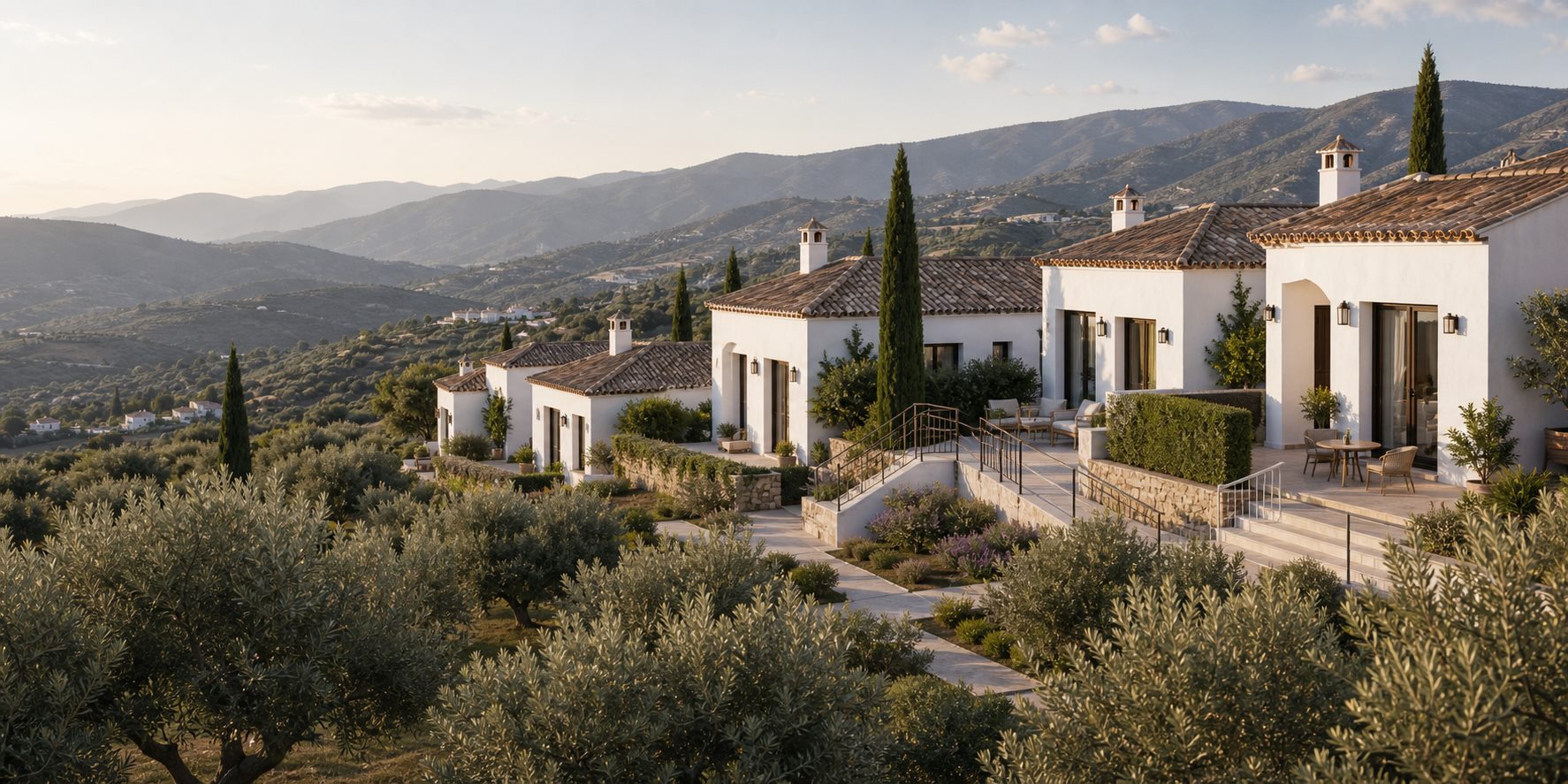 White Andalusian villas set among olive groves in the hills of Malaga
