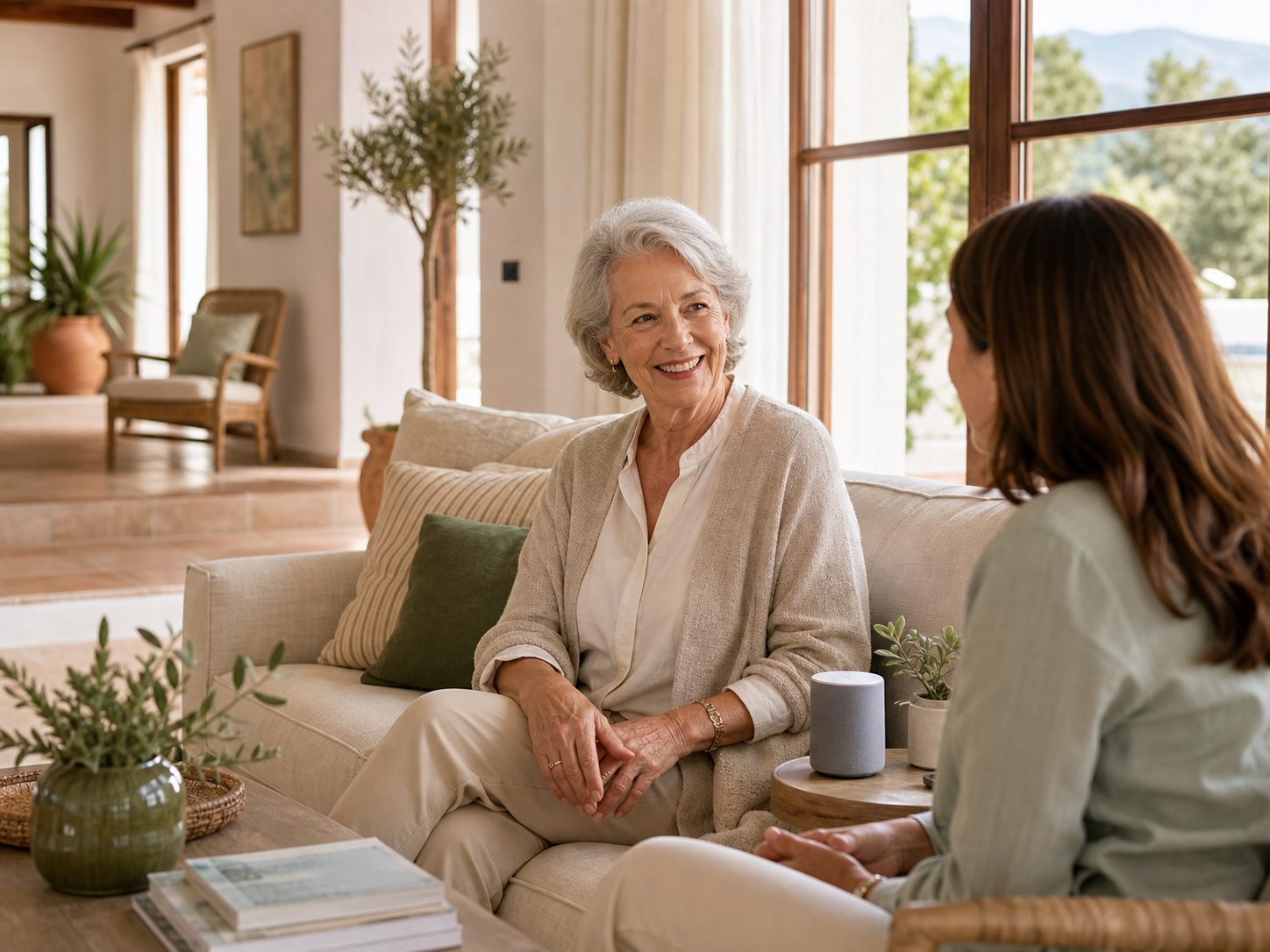 Older woman speaking with a companion in a bright villa living room