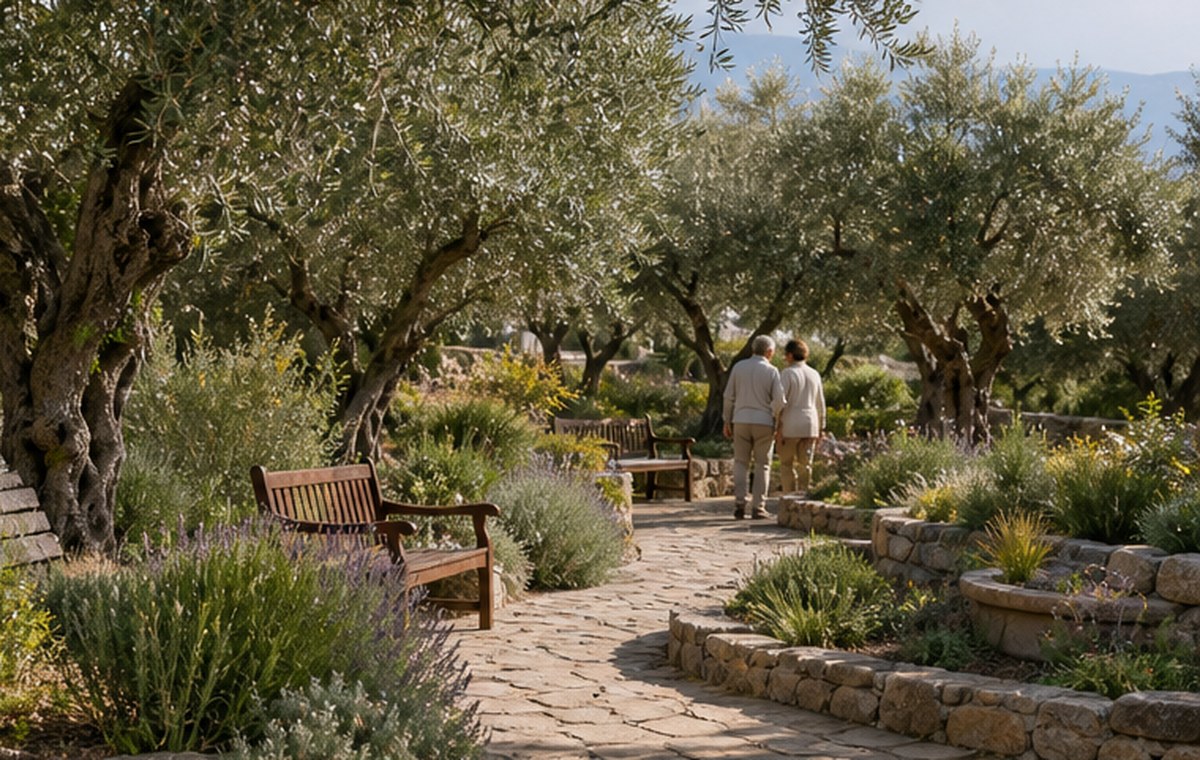 Accessible olive garden path with benches and quiet shade