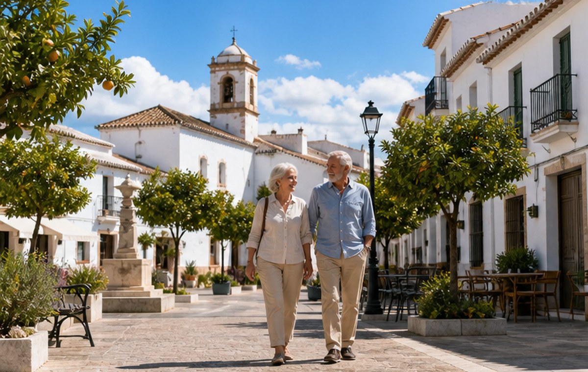 Periana village plaza with older residents walking in the sun