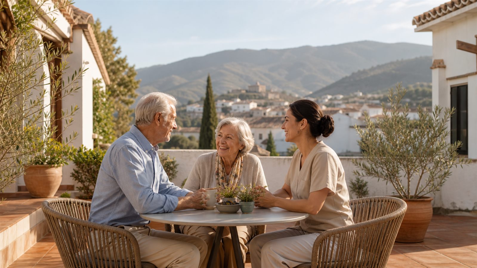 Older residents and a care companion talking on a sunny Andalusian terrace