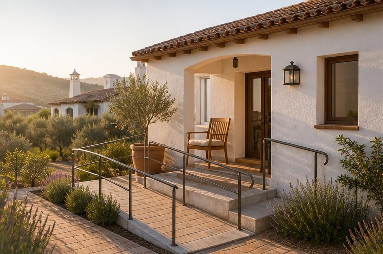 Accessible private villa entrance with a terrace chair and gentle ramp