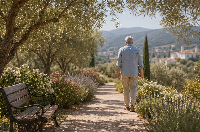 Olive grove walking path with a bench and mountain views