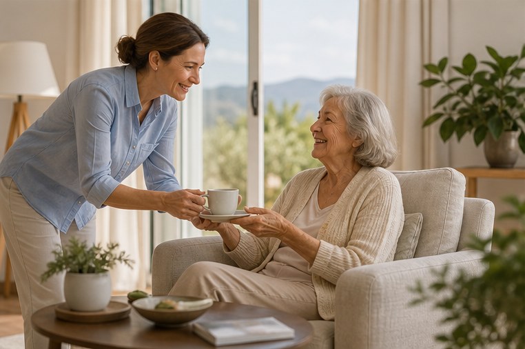 Care companion bringing tea to an older resident in a sunny sitting room