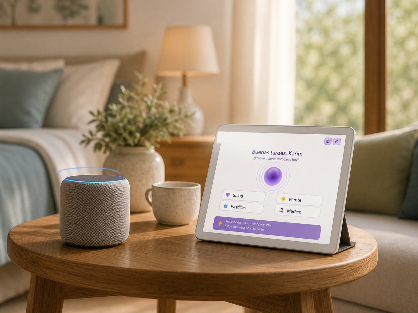 Voice assistant and tablet interface in a bright senior-friendly bedroom